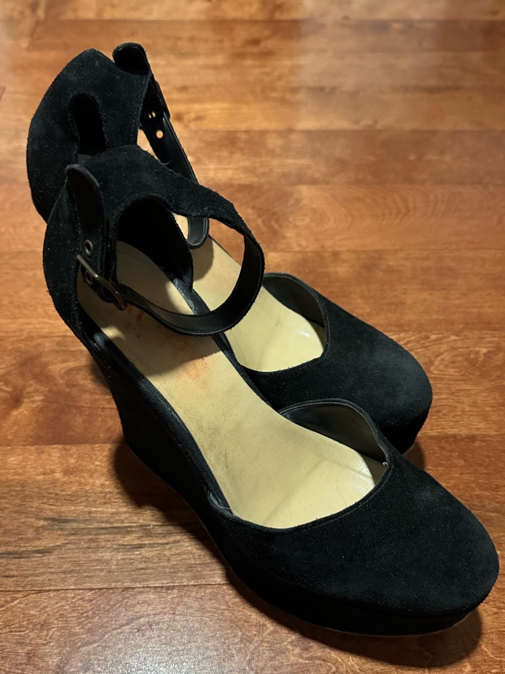 Michael Kors Black Suede Ankle Strap Buckle Wedge Platform Closed Toe Heels